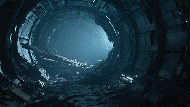Exploring abandoned futuristic tunnel with debris and eerie glow