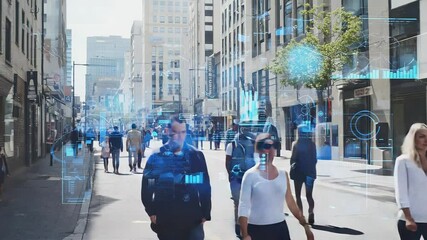 People are walking down a city street with augmented reality graphics showing statistics and data - Powered by Adobe