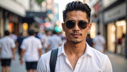 Obraz premium asian man wearing glasses smiling walking in the city