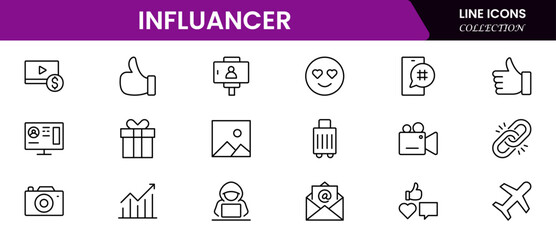 Influencer and blogging line icons collection. Big UI icon set in a flat design. Thin outline icons pack. Vector illustration