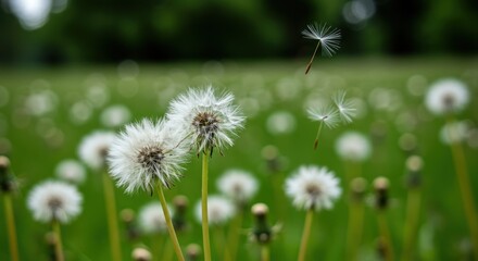 Ephemeral beauty of dandelion seeds blowing gently in the fresh air landscape