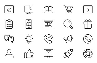 Media outline Icon Set. A sleek and modern collection of icons designed for the media industry, perfect for enhancing news platforms, entertainment apps, and digital marketing materials.