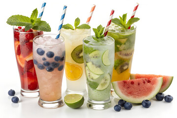 Refreshing summer fruit drinks with mint and ice