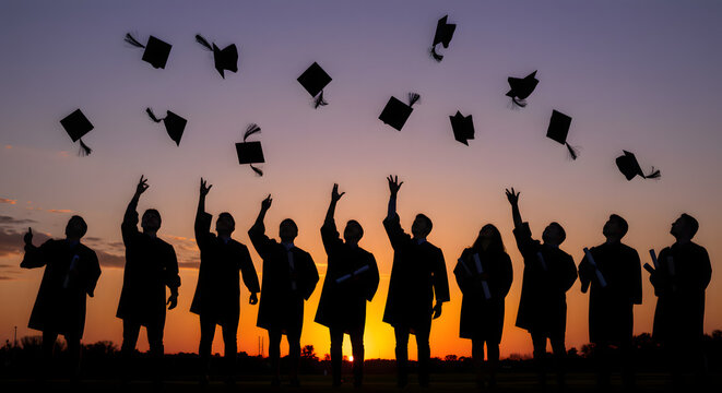 Graduation Ceremony Throwing Hats at Sunset