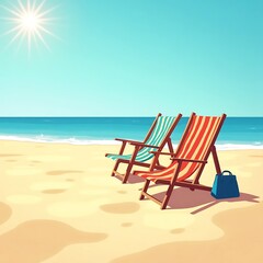 Beach Chairs and Bag on Sand by Ocean on Sunny Day