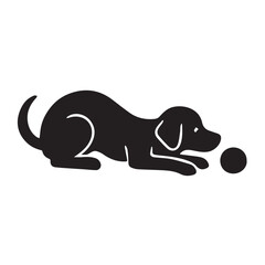 Minimalist vector silhouette of a dog playing with a tennis ball, featuring clean black shapes capturing joyful movement and playful energy with simplicity.

