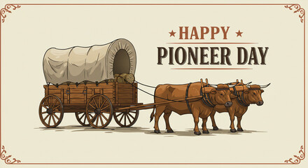 Vintage Pioneer Day Illustration with Ox-Drawn Covered Wagon in Western Style