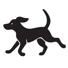 A vector silhouette showing a running dog, designed minimally with bold black forms and simple curves to convey speed and dynamic movement.

