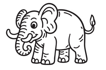 Minimalist doodle vector of an elephant in black and white, drawn with thick black outlines and simple shapes, creating a clean playful look.

