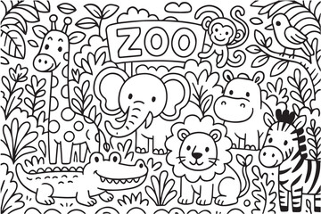 Vector background doodle illustrating zoo animals and garden fruits, using strong black outlines and minimalist style for a fun and simple pattern.

