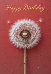 Beautiful dandelion flower with birthday greeting text on a red background