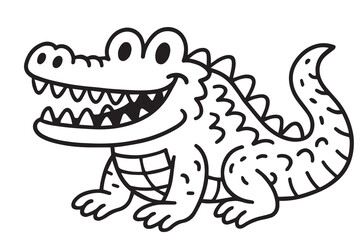 Vector doodle of a crocodile in minimalist style, using strong black outlines and a white fill to create a clean and fun design.

