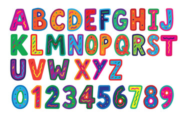 Vector background doodle showing colorful letters A-Z and numbers 0-9, using simple shapes and bright tones to attract young learners’ attention.

