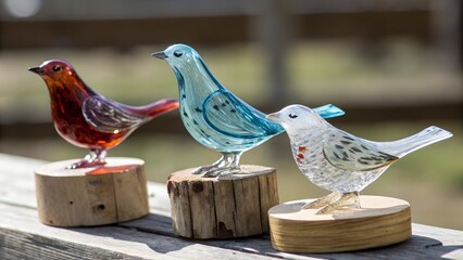 Exquisite handcrafted glass bird figurines perched on rustic wood bases showcase intricate detail and vibrant colors ideal for home decor nature lovers art collectors and unique gifts