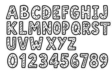 Minimalist black and white vector background doodle featuring letters A to Z and numbers 0 to 9, outlined boldly for child friendly learning tools.