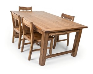 Wooden Dining Table with Chairs Isolated on White Background – Classic Furniture Set