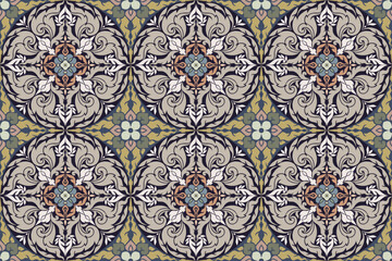 Traditional Thai art seamless floral circle pattern in damask style motifs suitable for tile, wallpaper, cloth, curtain, textile and fabric design isolated illustration vector archive EPS file.