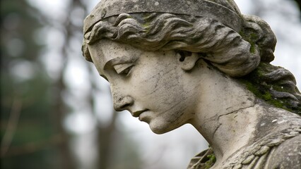 A serene stone angel statue head and shoulders detail shows pensive expression grief sorrow loss memorial cemetery remembrance peace tranquility sculpture art weathered stone texture