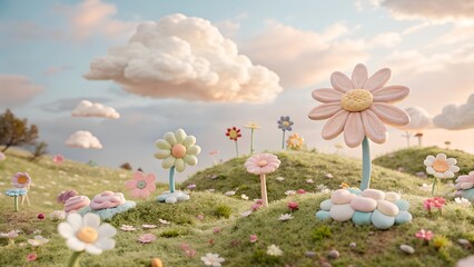 Delightful pastel flowers bloom in a whimsical landscape under fluffy clouds a charming scene of spring joy and artistic floral design perfect for greeting cards or whimsical home decor