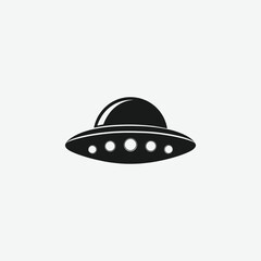 Explore a minimalist black silhouette of a classic disc-shaped flying saucer (UFO) in a clean, front-view style. Featuring a flat, symmetrical design with simple rounded shapes on a white background. 