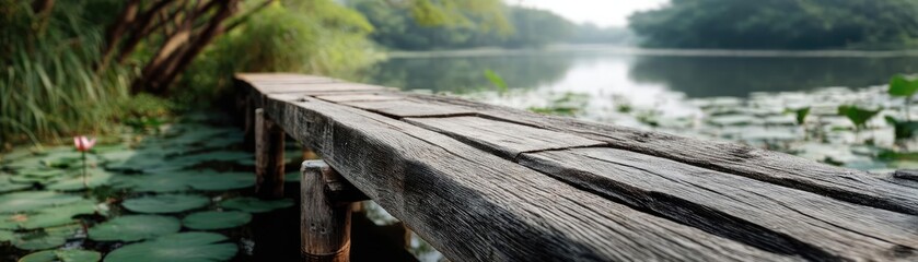 Fototapeta premium Wooden bridge by pond with lotus and lantern concept. A serene wooden dock surrounded by lush green lily pads.