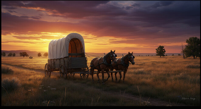 Sunset on the American Frontier with Horse-Drawn Covered Wagon – Pioneer Day Concept