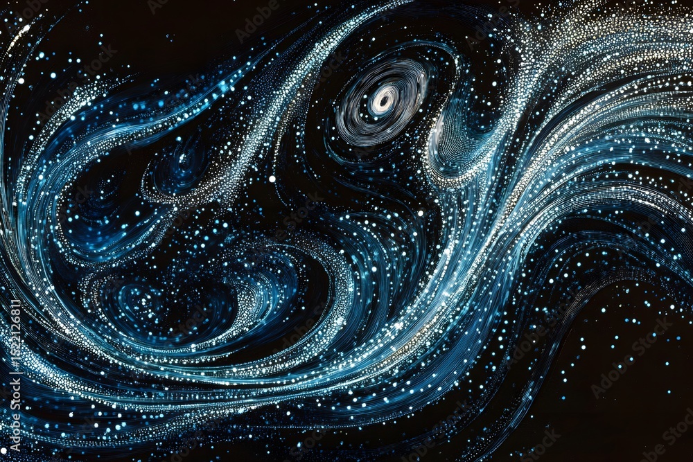 Poster a dark background with swirling lines of light blue and white dots, representing data flow in the di