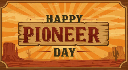 Happy Pioneer Day Vintage Western Banner with Wooden Texture and Covered Wagon
