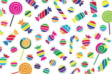 Colorful minimalist vector background doodle featuring various candies, outlined simply with bright, playful colors creating a fun and cheerful design pattern.

