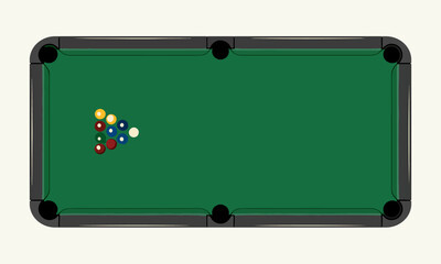 Top Down Vector Illustration of Minimalist Pool Table with Emerald Green Felt and Dark Wood Frame