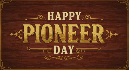 Happy Pioneer Day Vintage Western Banner with Wooden Texture and Covered Wagon