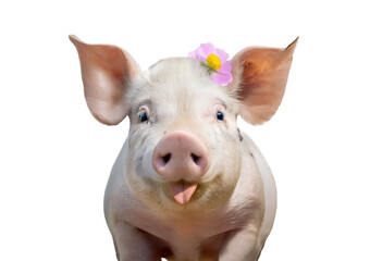 cute piglet with flower on transparent background