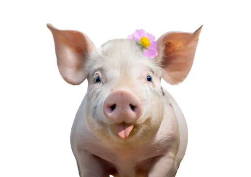 cute piglet with flower on transparent background