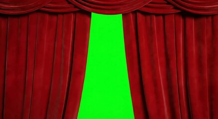 Red velvet curtains opening and closing on green screen. Chroma key effect for stage, theater, cinema, or presentation background. Transition effect for video editing.