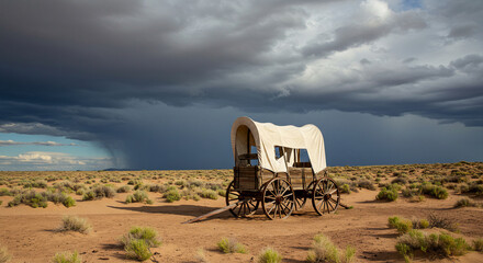 Historic Covered Wagon in Desert Landscape under Stormy Sky – Pioneer Journey Concept
