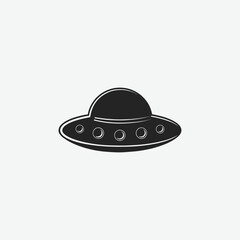 Explore a minimalist black silhouette of a classic disc-shaped flying saucer (UFO) in a clean, front-view style. Featuring a flat, symmetrical design with simple rounded shapes on a white background. 
