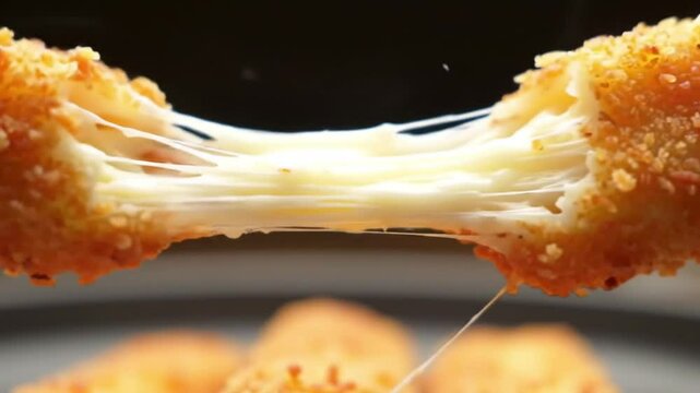 A close-up shot of a deep-fried mozzarella stick