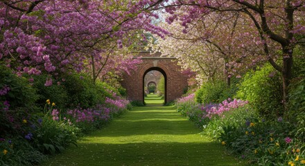Obraz premium Springtime Garden Path with Blooming Trees and Lush Greenery Creating a Serene and Inviting Escape into Nature's Beauty