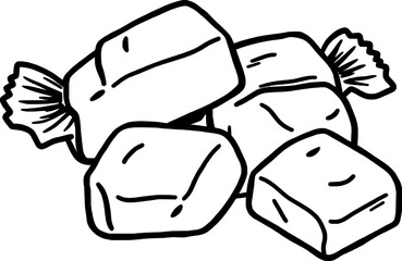Pile Of Wrapped Creamy Vanilla Sweets In Artistic Hand-Drawn Style On White Background