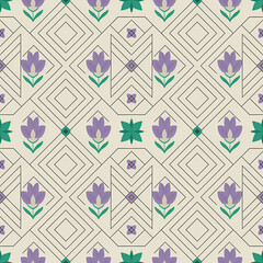 Elegant seamless pattern with geometric lines and floral motifs. Modern flat design background with lavender and teal flowers for sophisticated textile, wallpaper, or branding.