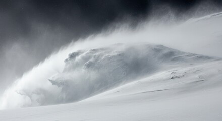 A swirling blizzard veil dramatically sweeps across a snow-covered mountainous landscape