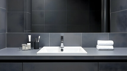 Fototapeta premium Modern Gray Bathroom Vanity With White Sink