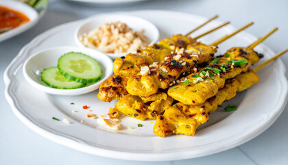 Grilled lemongrass chicken skewers on white plate with cucumber slices and chopped nuts