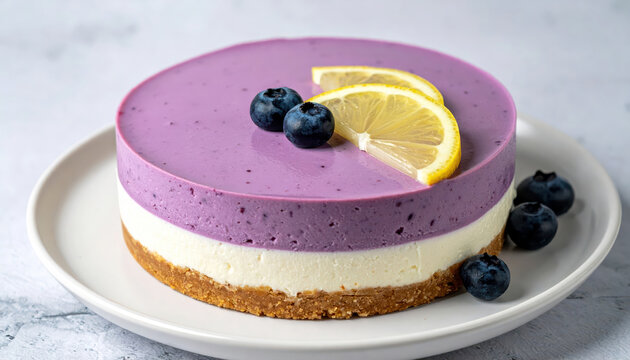 No bake blueberry cheesecake with creamy white layers and glossy purple top, garnished with lemon slices and blueberries