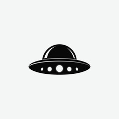 Explore a minimalist black silhouette of a classic disc-shaped flying saucer (UFO) in a clean, front-view style. Featuring a flat, symmetrical design with simple rounded shapes on a white background. 