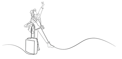 Traveler Line Art, Woman with Suitcase on White Background.