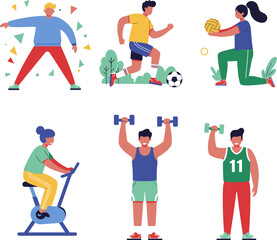 Cartoon flat design vector illustration set of diverse exercise and workout