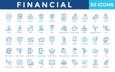Financial icons set with finance, money, currency, banking, investment, savings, budget, wealth, asset, liability icon. Simple outline color vector 
