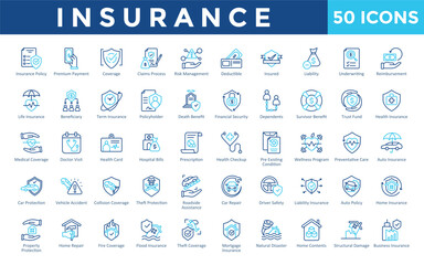 Insurance icons set with insurance policy, premium payment, coverage, claims process, risk management, deductible, insured, liability, underwriting, reimbursement icon. Simple outline color vector 
