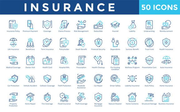Insurance icons set with insurance policy, premium payment, coverage, claims process, risk management, deductible, insured, liability, underwriting, reimbursement icon. Simple outline color vector 
